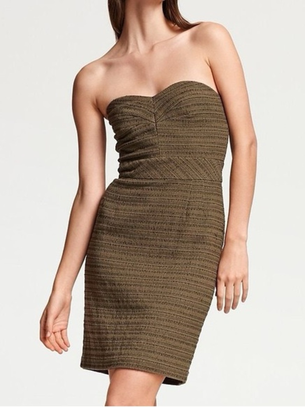Strapless Ruched Knit Sheath Dress in Olive